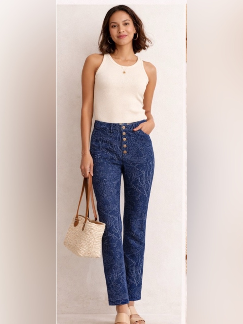 Pilcro Anthropologie High Rise Slim Jeans Floral Botanical Print Blue 27